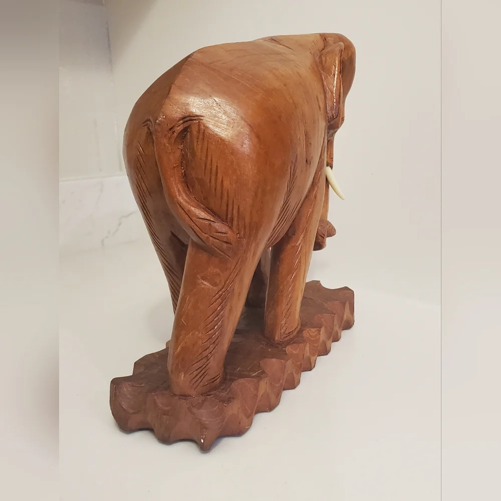 Vintage Large Teak Wooden Elephant With Tusks Hand Carved Solid Wood